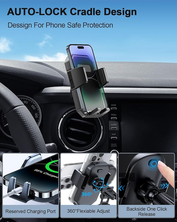 PZK Car Phone Mount for Toyota Tacoma 2016 2017 2018-2022 2023 Accessories Custom Air Vent Car Phone Holder Auto Lock Hands Free 360° Rotation Cell Phone Automobile Cradles
