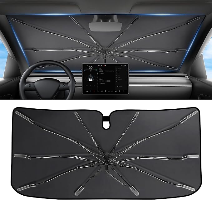 2026 Upgraded Windshield Sun Shade Umbrella [7-Layer Vinyl Coating Heat Shield] Foldable Front Window Sunshade Umbrella Flexible Handle Protect Interior from UV Keep Car Cooler (61" x 34.5")