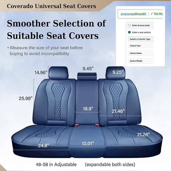 Coverado Car Seat Covers, Rear Car Seat Cover, Blue Leather Seat Cover, 3-Pieces Car Seat Cushion, Luxury Seat Cover Seat Protector Universal Fit Most Cars
