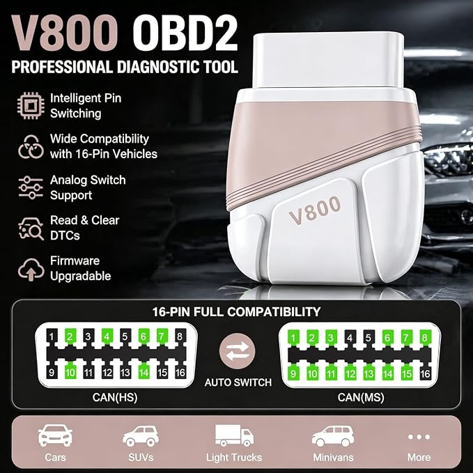 V800 OBD2 Professional Car Diagnostic Scanner, AI Intelligent Fault Analysis, Whole System Diagnostics, Read/Erase Error Codes, Compatible with All 16-Pin Models After 1996