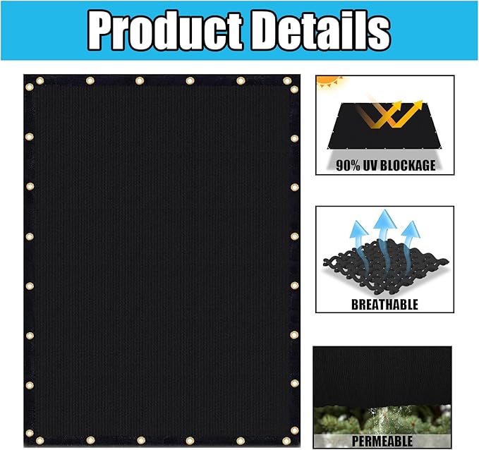 Amagenix 90% Shade Fabric 15'X 22' Black Sun Shade Cloth with Grommets for Pergola Replacement Shade Cover Canopy, Heavy Duty, Cable Zip Ties Included (We Customized)