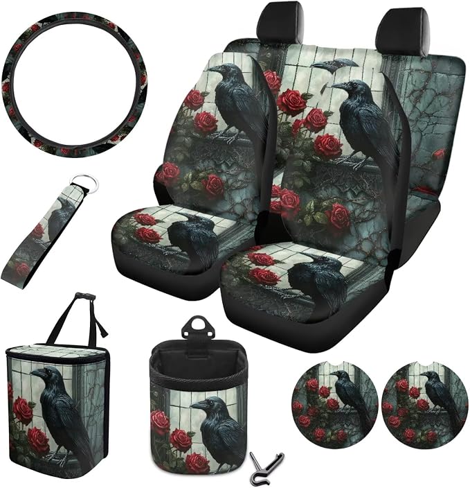 Raven Rose Print 10 Pieces Car Seat Covers Full Sets Waterproof Steering Wheel Cover Auto Trash Bin with Car Air Vent Storage Cup Holders Keychain Universal Fit for SUV