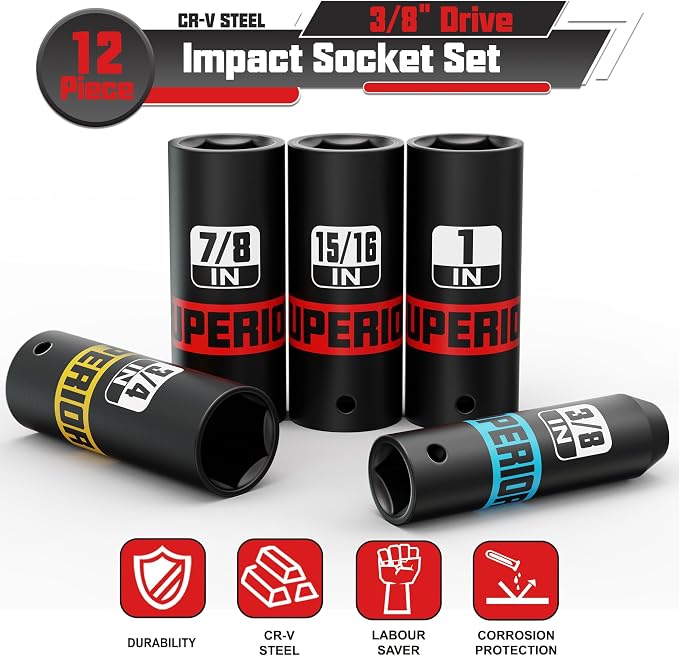 12 Piece 3/8" Drive Impact Socket Set, 5/16"- 1" Deep Socket, SAE, 6 Point, CR-V, Automotive Motorcycle and Bicycle Maintenance, Machinery Manufacturing