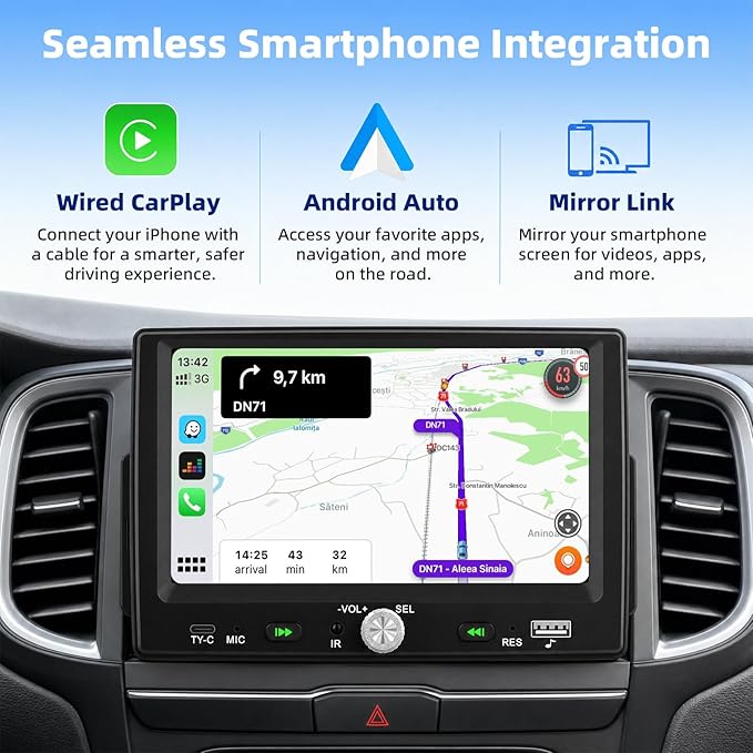 7 Inch Single Din HD Touchscreen Car Stereo CarPlay Android Auto, 1 Din Android Car Stereo with Bluetooth 5.0, Mirror Link, FM, Steering Wheel Control, EQ, USB/Type-C, Supports Reversing Camera