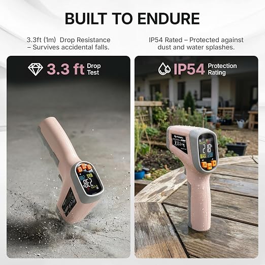 Tilswall Infrared Thermometer Gun, Laser Temperature Gun, -50°C~600°C (-58F~1112F) with Adjustable Emissivity, for Cooking/BBQ/Vehicle Repair, Meat Thermometer Included, Not for Human(Pink),W301