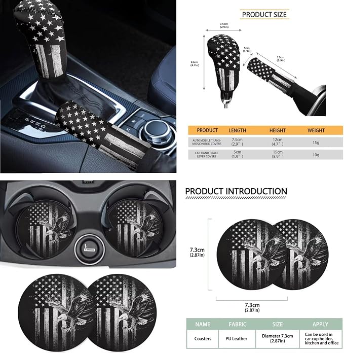 Eagle Print Automotive Seat Covers Full Set of 18 American Flag Print Car Front Rear Seat Covers with Steering Wheel Cover Headrest Protectors Safety Belt Pads Keychain