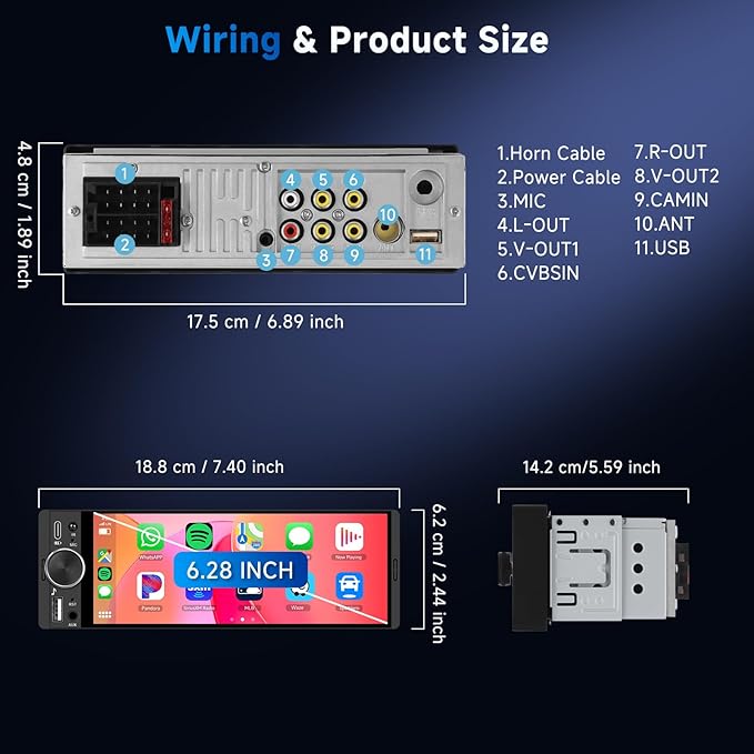 Upgrade Single Din Car Stereo, Wireless CarPlay Android Auto, 6.28'' Single DIn Touch Screen Car Radio with Backup Camera, Single Din Radio Supports Bluetooth 5.2, SWC, FM, USB, Type-C, Aux