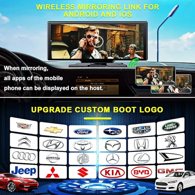 9.3" Portable Car Radio with Dashcam, Wireless Dash Mount, Apple CarPlay & Android Auto, Touch Screen Display, Bluetooth Stereo, Mirror Link, FM, GPS Navigation