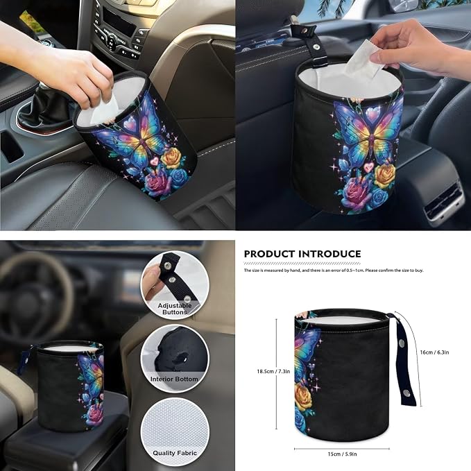 Colorful Rose Butterfly Car Seat Covers Full Set 15 Pcs Universal Car Accessories Steering Wheel Cover Seat Belt Pads Garbage Bag Rearview Mirror Cover Coasters Keychain