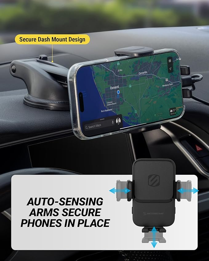 Scosche Wireless Car Charger Mount, Auto-Clamping Car Phone Holder Charger for Dashboard/Windshield with Adjustable Arm, 360° Rotation, Compatible with iPhone, Samsung, and More Android Phones