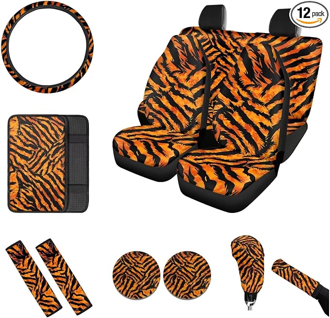 Orange Tiger Stripes 12 Pcs Car Seat Covers Full Set with Steering Wheel, Seat Belt, Cup Holders, Auto Center Console, Handbrake, Gear Shift Knob Cover