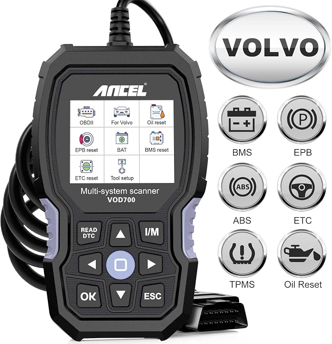 ANCEL VOD700 All System OBD2 Scanner for Volvo Car Code Reader Full Function Diagnostic Scan Tool ABS Bleeding Injector Oil ETC SRL BMS EPB TPMS DPF Reset Tool with Storage Bag