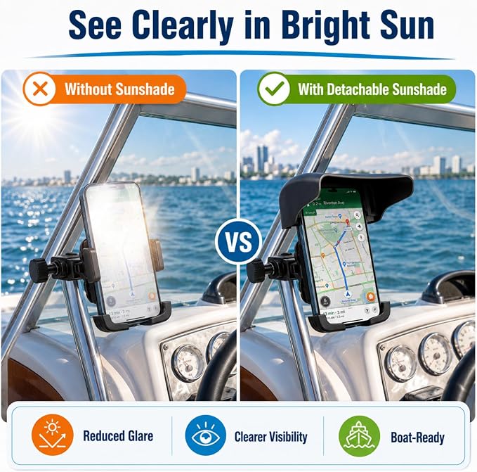 Tellegloww 1 Pack Boat Phone Holder, Marine Cell Phone Holder with Sunshade, Black 360 Degree Adjustable Knob Crab Clamp, Smartphone Accessory for Boat Rail, Car, Cycling, Pontoon and Outdoor Use