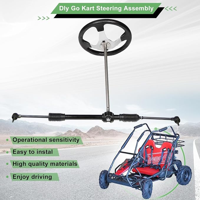 JNDO Go Kart Steering Gear Assembly 17.7" steering shaft + 19.3" rack and pinion steering + 6.9" Tie Rod End + 11.8" steering wheel for Coleman KT196/CK196 196cc Kandi 110cc