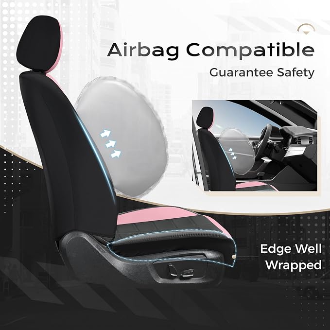 Coverado Car Seat Covers Front Seats Luxury Faux Leather Waterproof Seat Covers Car Seat Protector Automotive Seat Covers Cushion Universal Fit for Most Cars SUV Trucks, Pink&Black