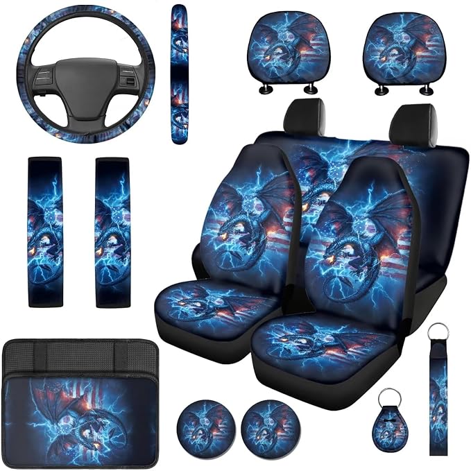 Bulopur Western Dragon Auto Seat Covers with Car Steering Wheel Cover Lightning American Flag Car Armrest Cushion Pads Headrest Covers Vehicle Seat Belt Covers Automotive Accessories for SUV Truck Van