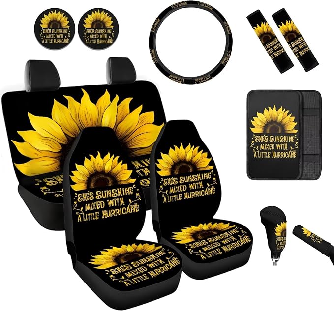 BIGCARJOB Sunshine Sunflower Car Seat Covers Full Set 12 Pcs Sunflower Print Car Accessories Interior Seat Protector for Womens Seat Belt Cover,Armrest Pads,Cup Holder Coaster