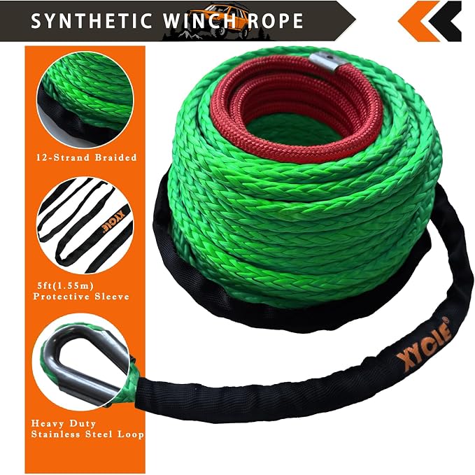 Synthetic Rope Towing Winch Fairleads, GreenBlack | 254mm,10" Aluminum Cable Guide, Foldable Forged Trailer Hook Kit, 3/8" x 90 Foot Synthetic Winch Rope