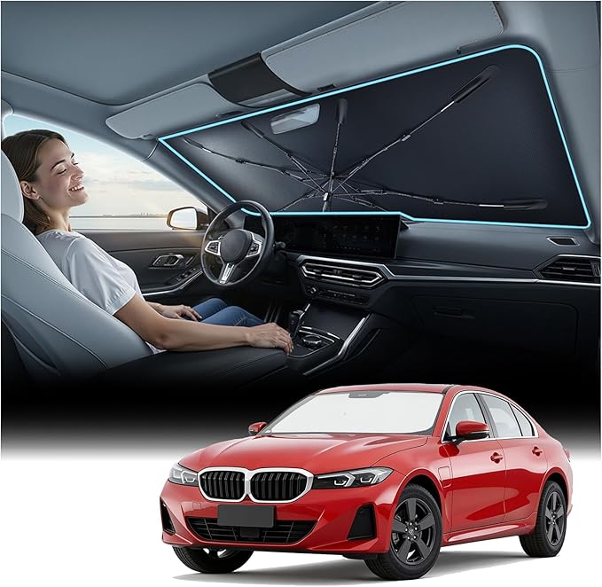 [2026 Upgraded] Nmoiss Windshield Sun Shade Umbrella for BMW - [Vinyl Coating Heat Shield] Protect Car from Sun Rays & Heat Damage Block 99% UV Keep Cool and Protect Interior pring Structure Edge