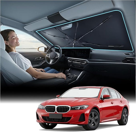 [2026 Upgraded] Nmoiss Windshield Sun Shade Umbrella for BMW - [Vinyl Coating Heat Shield] Protect Car from Sun Rays & Heat Damage Block 99% UV Keep Cool and Protect Interior pring Structure Edge