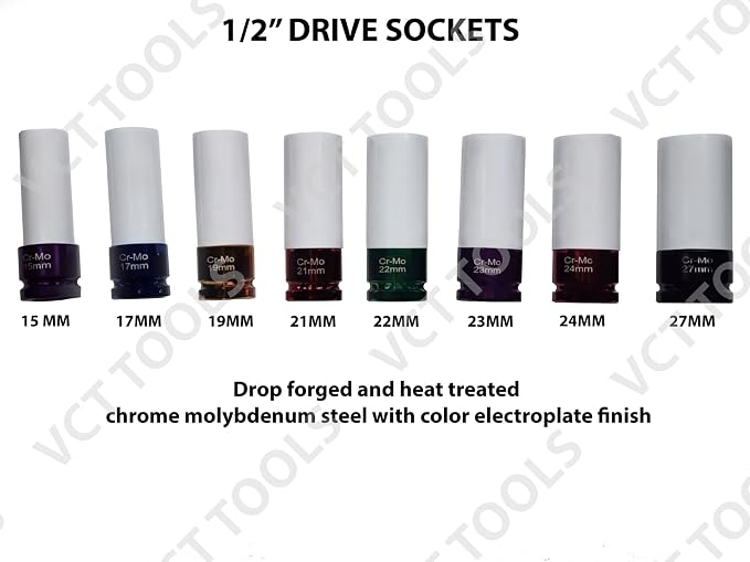 VCT 11pc Metric and SAE Wheel Nut Protector Impact Socket Set, 1/2" Drive, Includes specialty sockets compatible with Telsa, Hyundai, Mercedes-Benze