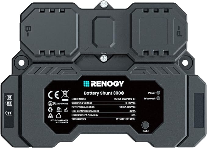 Renogy Battery Shunt 300, Remote Battery Monitoring, Range 8V-120V up to 500A, High Precision Current Sensor, Compatible Lead Acid, LFP, Li-ion, and Ni-MH Batteries