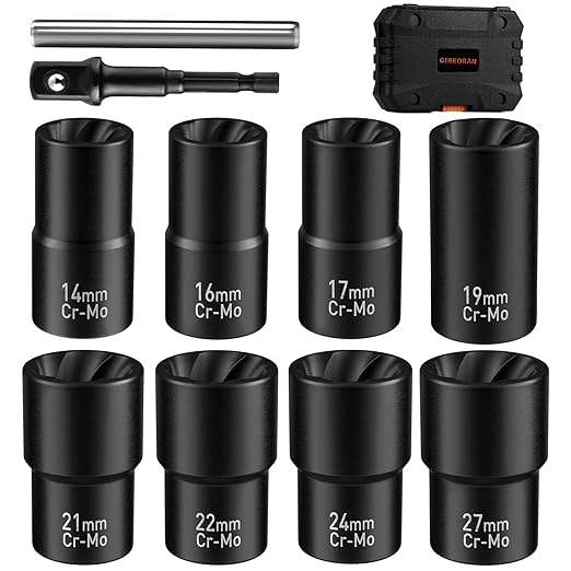 GIREORAN Wheel Lock Removal Kit, 10 Piece Lug Nut Remover, 1/2-Inch-Drive Impact Easy Out Bolt Extractor Socket Set for Removing Damaged, Frozen, Rusted, Rounded-Off Bolts, Nuts & Screws