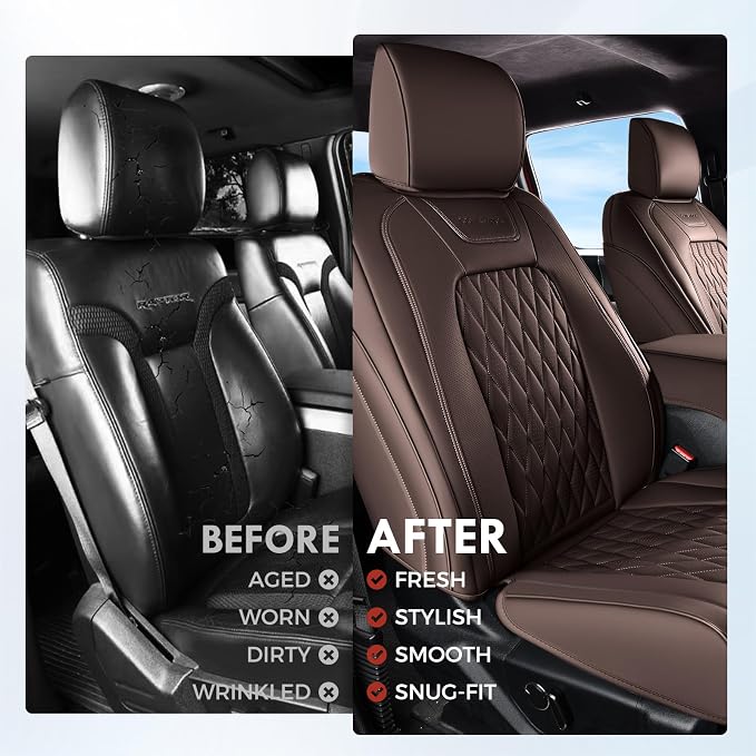 Coverado Premium Leather Full Set Seat Covers Waterproof Heavy-Duty Protectors Custom Fit for Ford F150 (2015-2026) F250/F350/F450 (2017-2026)-Coffee, Vintage Style, Scratch-Resistant