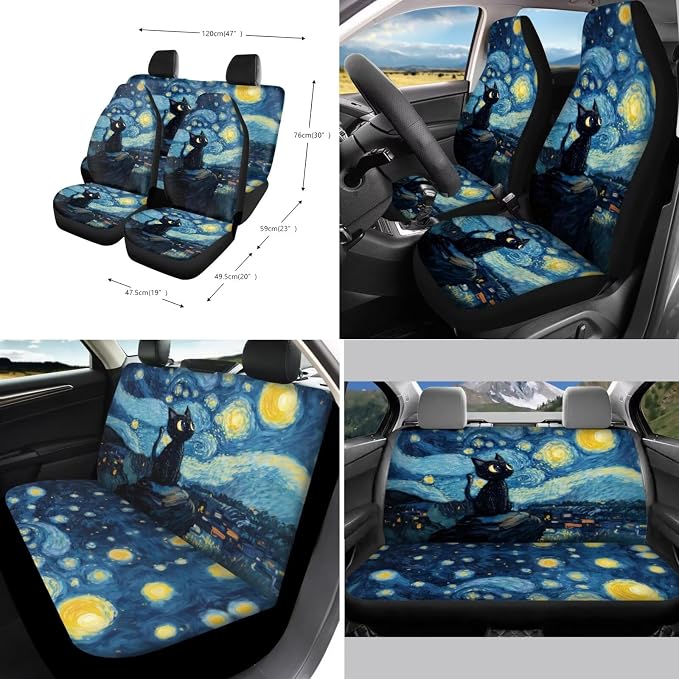 Xoenoiee Blcak Cat Starry Night Print Car Seat Covers and Accessories, Front Rear Seat Covers, Steering Wheel Cover, Seat Belt Pads, Coasters, Keychains for Car SUV Decor, 11 PCS Set
