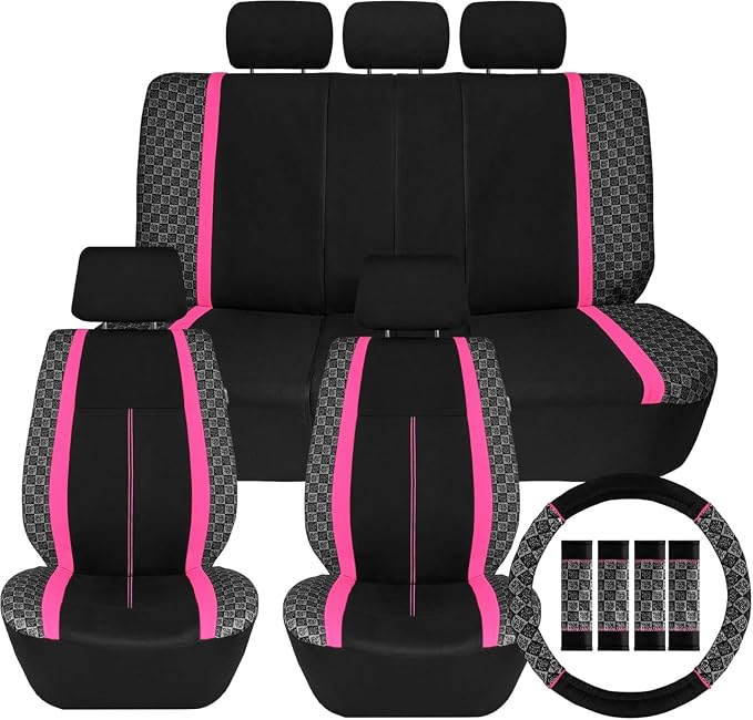 We Are Young Life is Fun™ Checker Car Seat Covers Universal Fit Interior Accessories Full Set Pink Seat Cover Combo Steering Wheel Cover and Seat Belt Pads, Airbag and Split Rear Car Seat Covers
