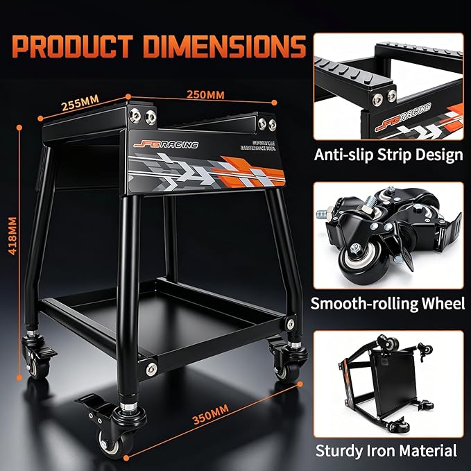 JFG RACING Dirt Bike Stand Detachable Dirt Bike Maintenance Stand Movable Pit Bike Stand with Wheels and Tool Tray