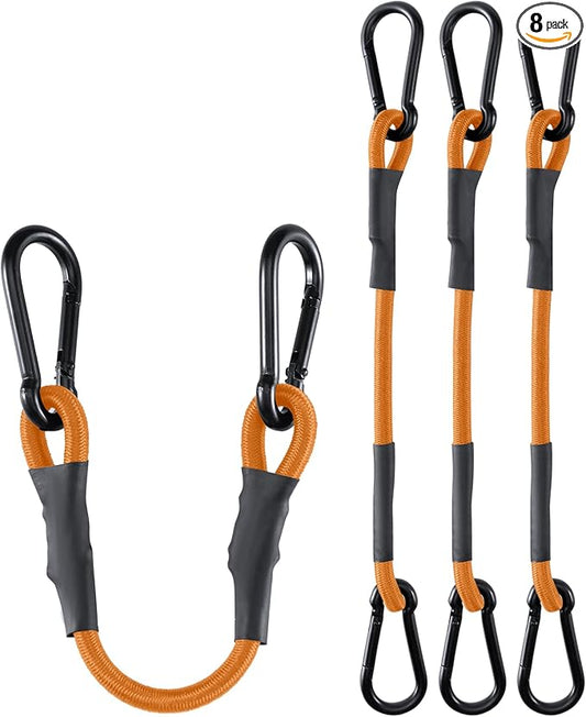 8 Pack 24 Inch Heavy Duty Bungee Cords with Carabiner Hooks, 190 lbs Max Strength Bungee Straps for Cargo, Bike, Cart, Roof Rack, Truck, Tent, Camping, Motorcycle, Outdoor Storage and More, Orange