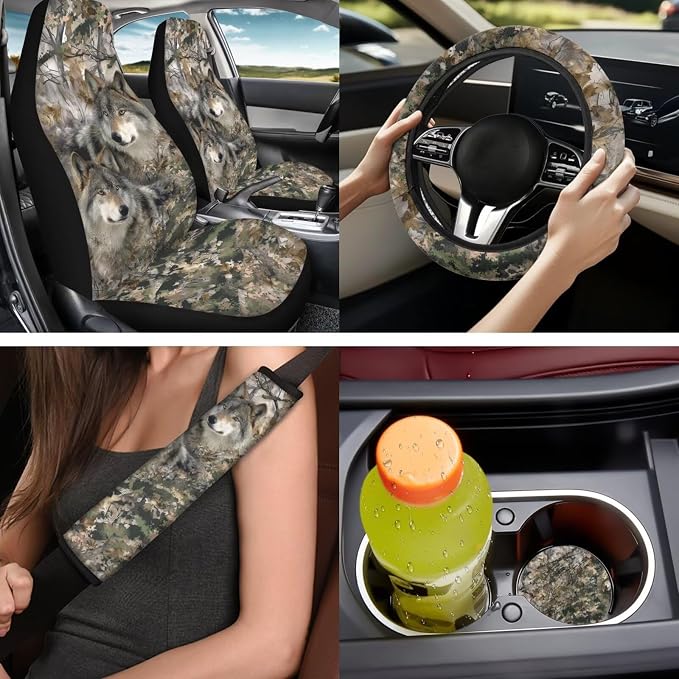 Bulopur Wolf Camo Hunting Vehicle Seat Covers Full Set with Steering Wheel Cover Comfortable Armrest Pad Easy to Install Car Seat Belt Covers 14 PCS Automotive Interior Decor Set