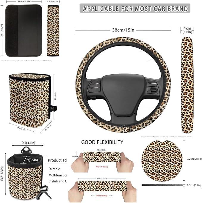 Dreaweet Leopard Print Seat Covers for Cars Front and Back,15 Pcs Cheetah Car Accessories,Leopard Steering Wheel Cover Seat Belt Pads Coasters Trash Can Vent Storage Bag Rearview Mirror Cover Keychain