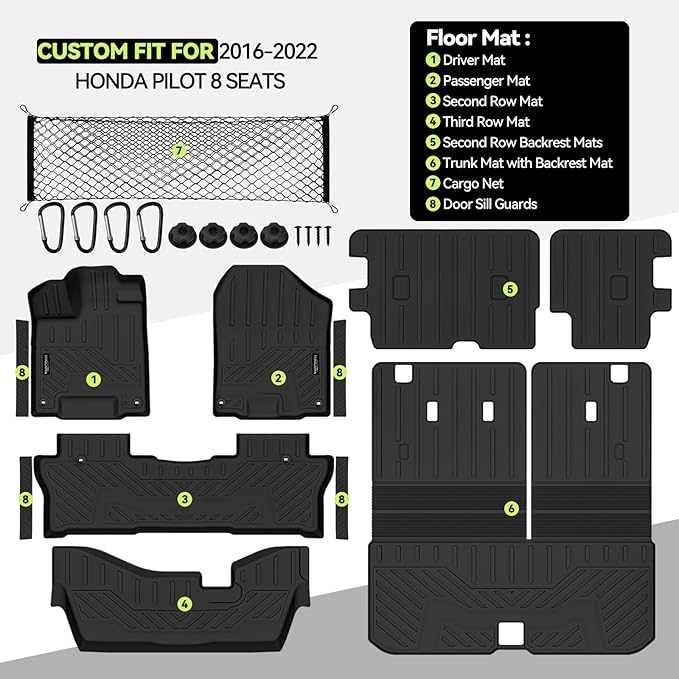 Tongama-Floor Mats for 2016-2022 Honda Pilot 8 Seats/Bench Seat(No Elite Models), All Weather TPE Trunk Mat with Backrest Mat & 2nd Row Backrest Mats & Cargo Net & Door Sill Guards Accessories