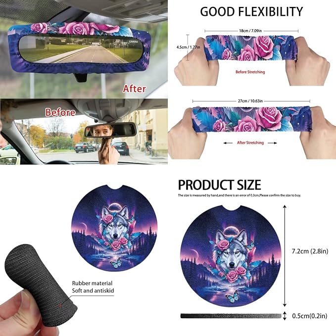 Galaxy Auto Interior Accessories Rose Wolf Car Seat Covers with Auto Steering Wheel Cover Seat Belt Covers Car Trash Can View Mirror Cover Coaster Keychains