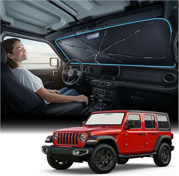 Nmoiss Windshield Sun Shade Umbrella for Jeep Wrangler & Gladiator - [Vinyl Coating Heat Shield] Protect Car from Sun Rays & Heat Damage Keep Cool and Protect Interior, Spring Structure Edge