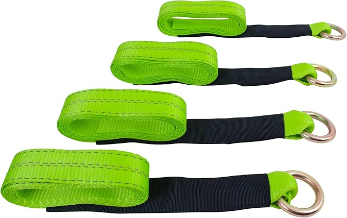 Mytee Products 4 Pack 2" x 96" Car Tie Down Straps for Trailer with Flat Hook - 3333 LB WLL Green High Viz Lasso Style Tire Straps with Ratchets