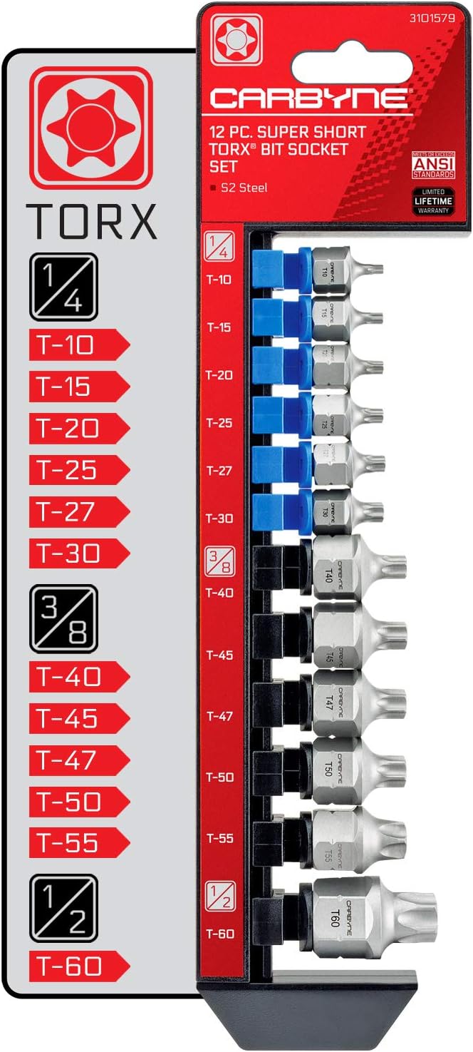 CARBYNE 12-Piece Torx Stubby Low Profile Bit Socket Set, T10 to T60, S2 Steel, Dual Drive Internal Square and External Hex Drive for Tight Confined Spaces, Genuine Licensed Torx