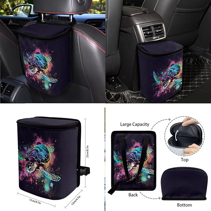 Turtle Paint Splatter Pattern 10 Pcs Car Seat Covers Full Sets Anti-Slip Steering Wheel Cover and Car Trash Bin with Car Air Vent Storage Cup Holders Lanyard Keychain for Automobile Interior