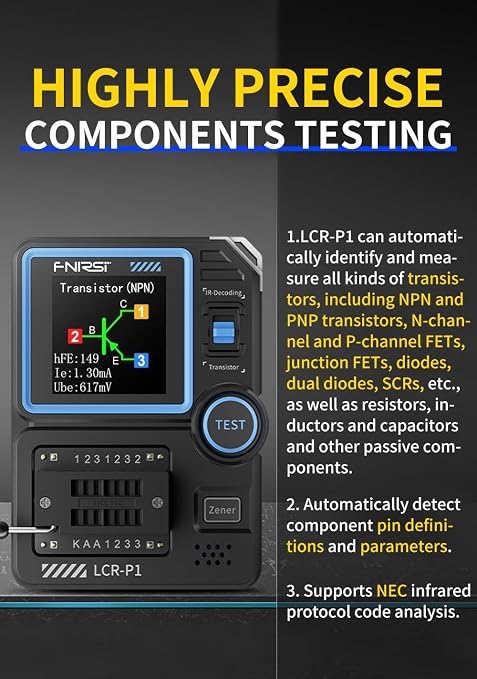 FNRSI LCR-P1 Transistor Meter Multifunctional Capacitor Tester ESR Diode Triode NPN PNP MOSFET SMD NEC Infrared Decoding Anti-Burn