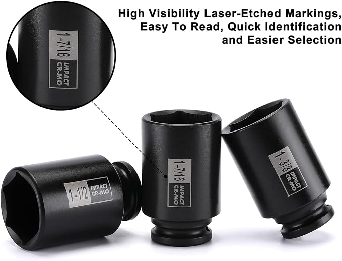 Mayouko 1/2" Drive SAE&Metric Spindle Axle Nut Sockets Set,Deep, 6-Point, CR-MO, 1-3/8" - 1-3/4", 29-38mm