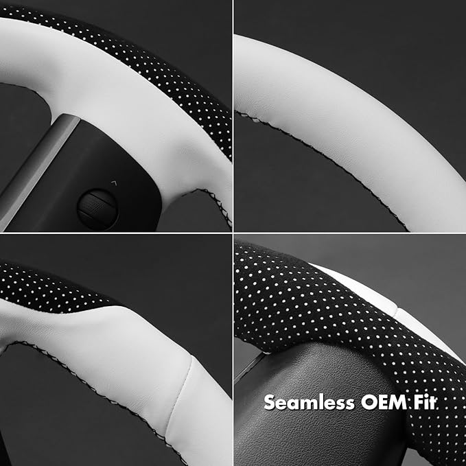 MEWANT Hand Stitch Steering Wheel Cover for Tesla Model 3 2017-2023 Model Y 2020-2023 Black Mesh Athsude White Microfiber Leather Wrap Protector Non-Slip Breathable