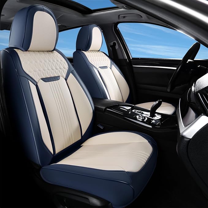 Coverado Front Seat Covers, Leather Car Seat Cover, Waterproof Car Seat Protector, Driver Seat Covers Car Seat Cushion Universal Fit for Most Cars, Blue&White