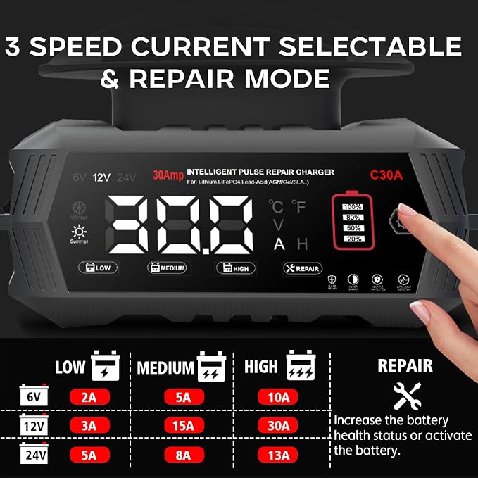 30-Amp Battery Charger for Lithium LiFePo4 Lead Acid Deep Cycle (AGM/Gel), 6V/12V/24V Battery Charger & Maintainer, Trickle Charger for Car Truck Motorcycle Lawn Mower Marine