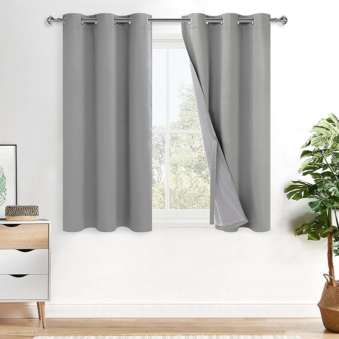 XWZO Full Shading Blackout Curtains 45 Inches Length with Tiebacks- Heat and Light Blocking Ring Top Window Drapes with Black Liner Backing for Bedroom/Kid's Room, Light Grey, W38 x L45, Set of 2