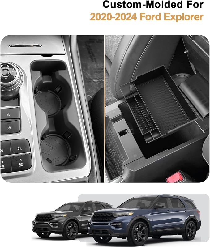 2024 Explorer Center Console Organizer - 2 Pcs Armrest Box Organizer Tray + TPE Center Console Cup Holder Insert for 2020-2024 Ford Explorer Accessories - ABS Organizer & TPE Cup Holder Set