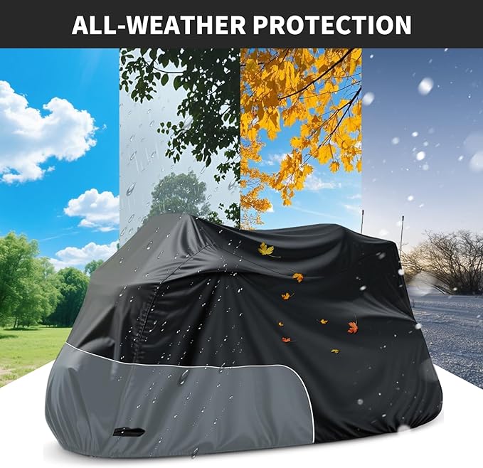 Motorcycle Cover Heavy Duty Waterproof, for Motorcycle with Side+Top Box, Compatible with Harley Davidson Ultra Ltd, Road Glide Ltd, Honda Goldwing, BMW, Indian Motorcycle Accessories, Black/Grey