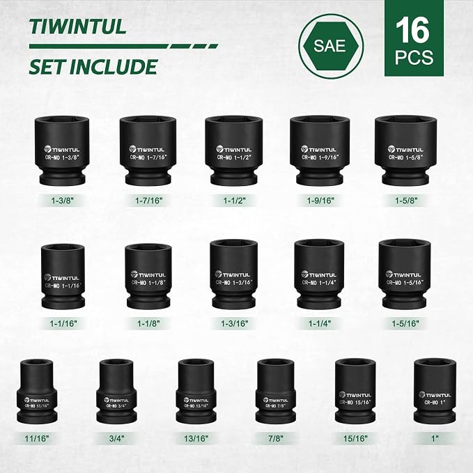 3/4 Inch Drive Impact Socket Set, 16 Pieces SAE 11/16" to 1-5/8" | CR-MO Steel, 6 Point, Heavy Duty Impact Socket Set for Large Vehicle and Equipment Maintenance