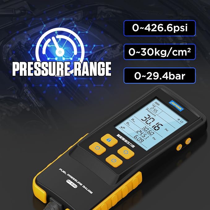 AUTOOL Fuel Pressure Gauge Digital Fuel Pressure Tester Kit 0-426PSI 0~29bar for Petrol Engine Fuel Pressure Test, Automotive Fuel Pressure Tester with Hoses Adapters PT630